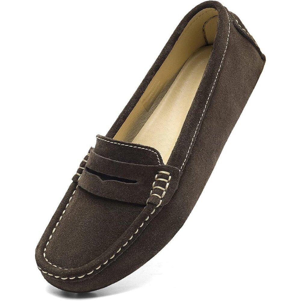Women's Coffee Suede Leather Slip-On Fashion Retro Casual Penny Loafers Shoes